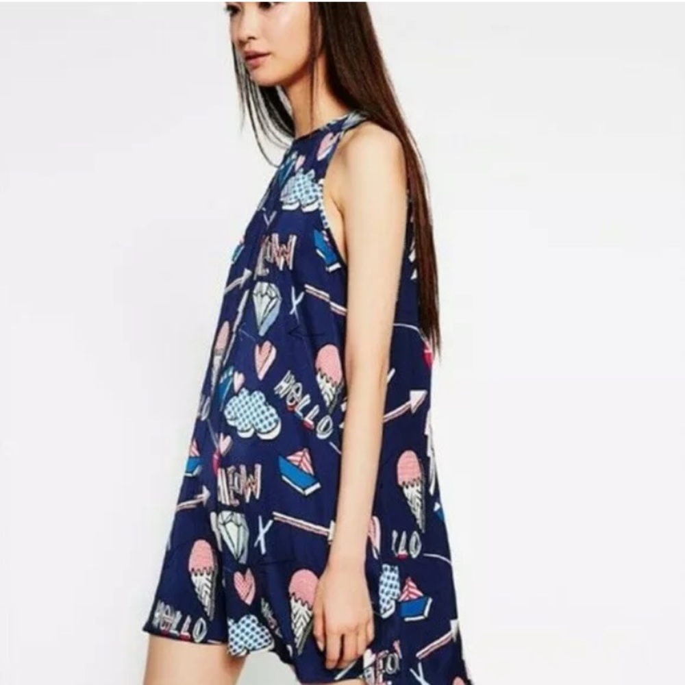 ZARA TRAFALUC Printed Comic Cartoon Trapeze Dress Hi-Neck Blue Red size SMALL